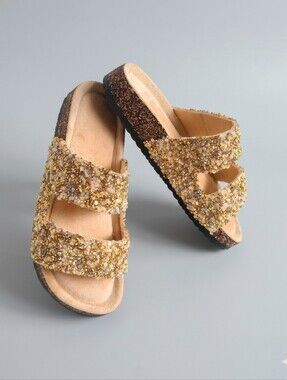 New Glitter Rhinestone Beaded Goldtone Slide Comfort Sandals Size 6.5 /37 EU